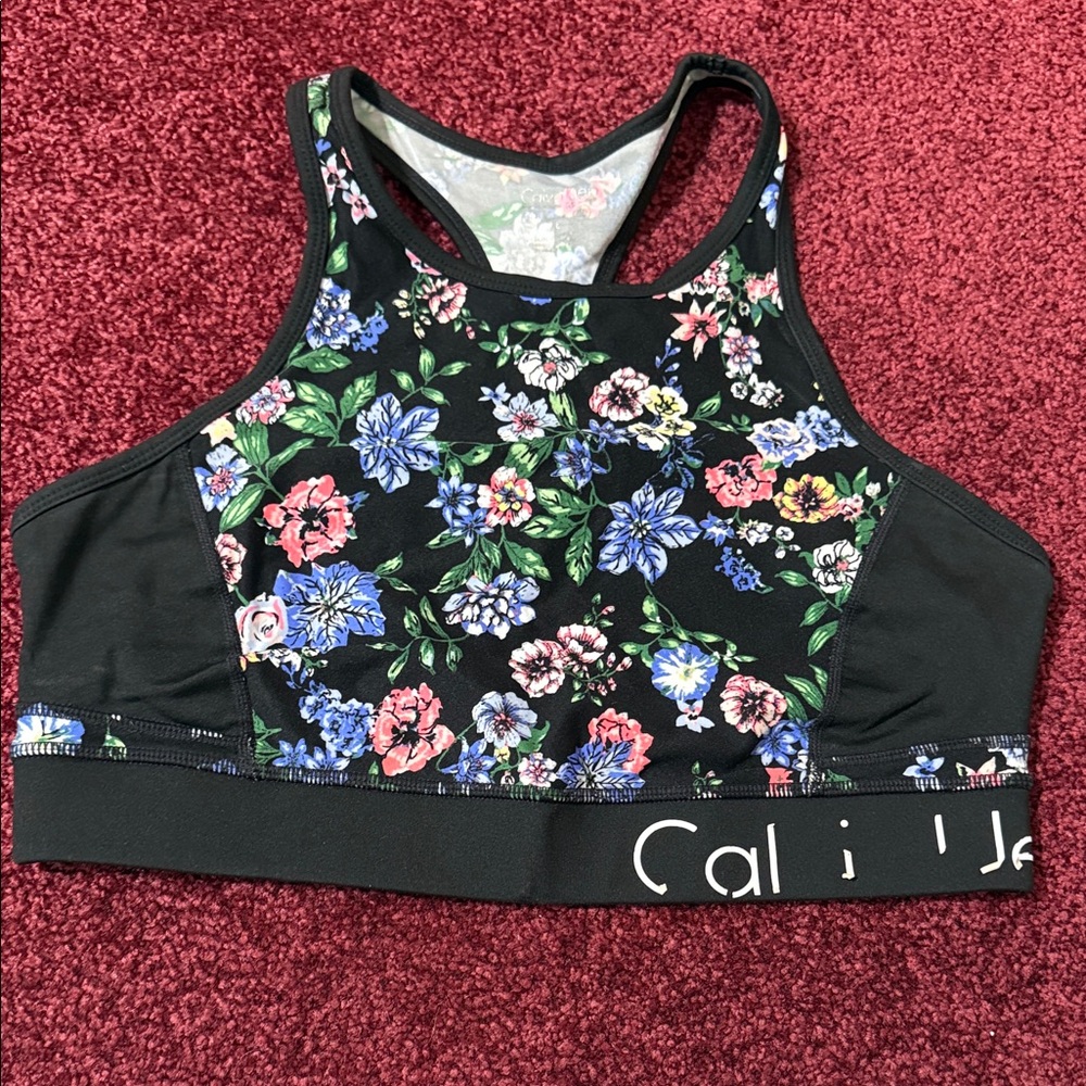 Calvin Klein Black Floral High-Neck Performance Sports Bra size large